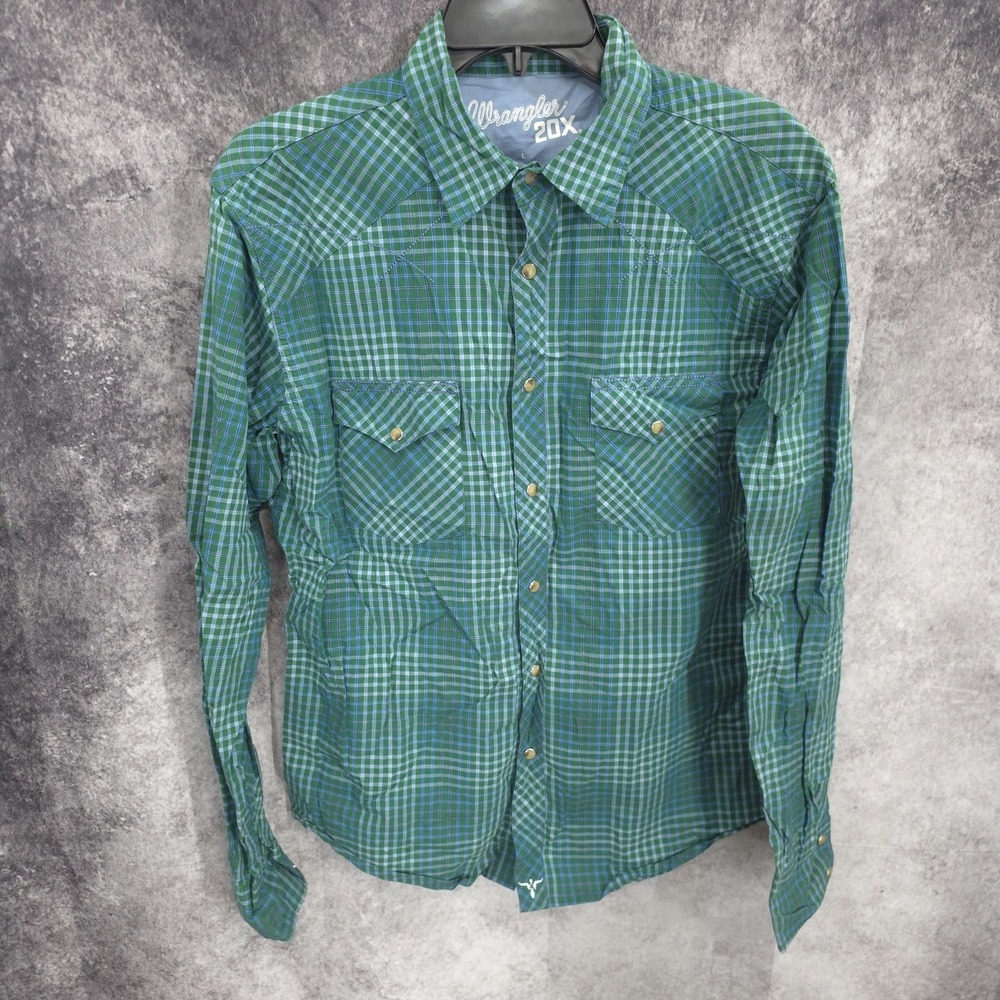 Wrangler 20X Western Shirt Men Large Green Plaid Snap Button Cowboy Rodeo Cotton